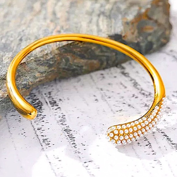 Luxury Pearl Irregular Bangle Cuff Edgy Geometric Gold Plated Women’s - Picture 1 of 9
